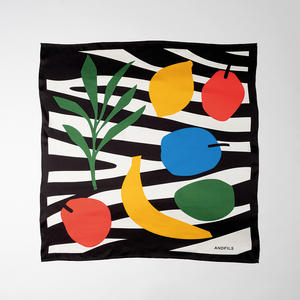 Silk scarf Ready to wear black white with colorful red yellow and green fruit motif