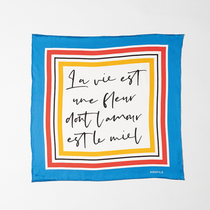 silk scarf fleur&miel in blue red and black frame with the handwritten quote